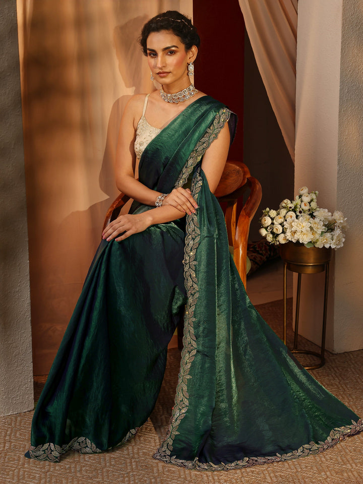 Green Solid Satin Saree With Unstitched Blouse Piece
