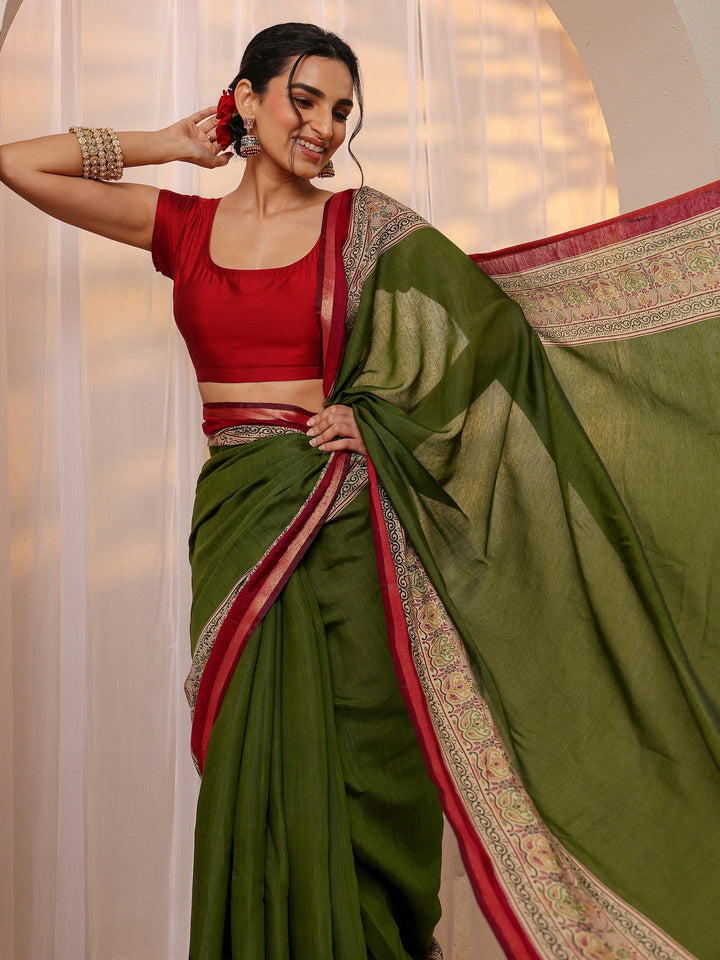 Green Solid Silk Blend Saree With Unstitched Blouse Piece