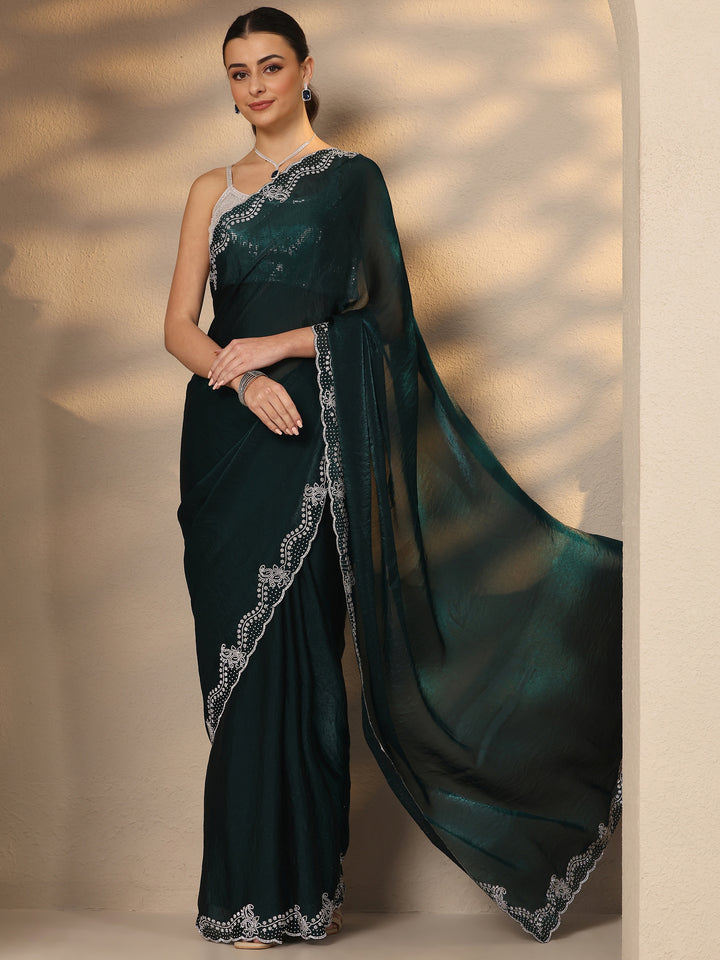 Green Solid Silk Blend Saree With Unstitched Blouse Piece