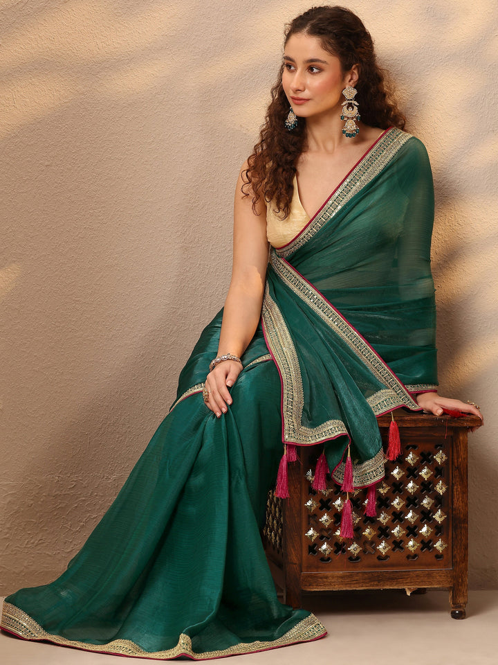 Green Solid Silk Blend Saree With Unstitched Blouse Piece