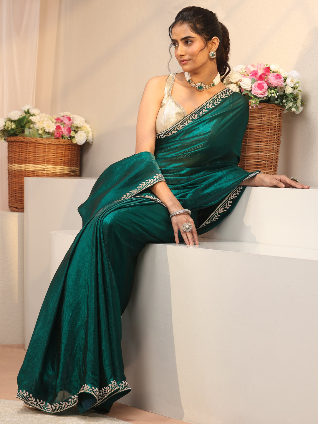 Green Solid Tissue Saree