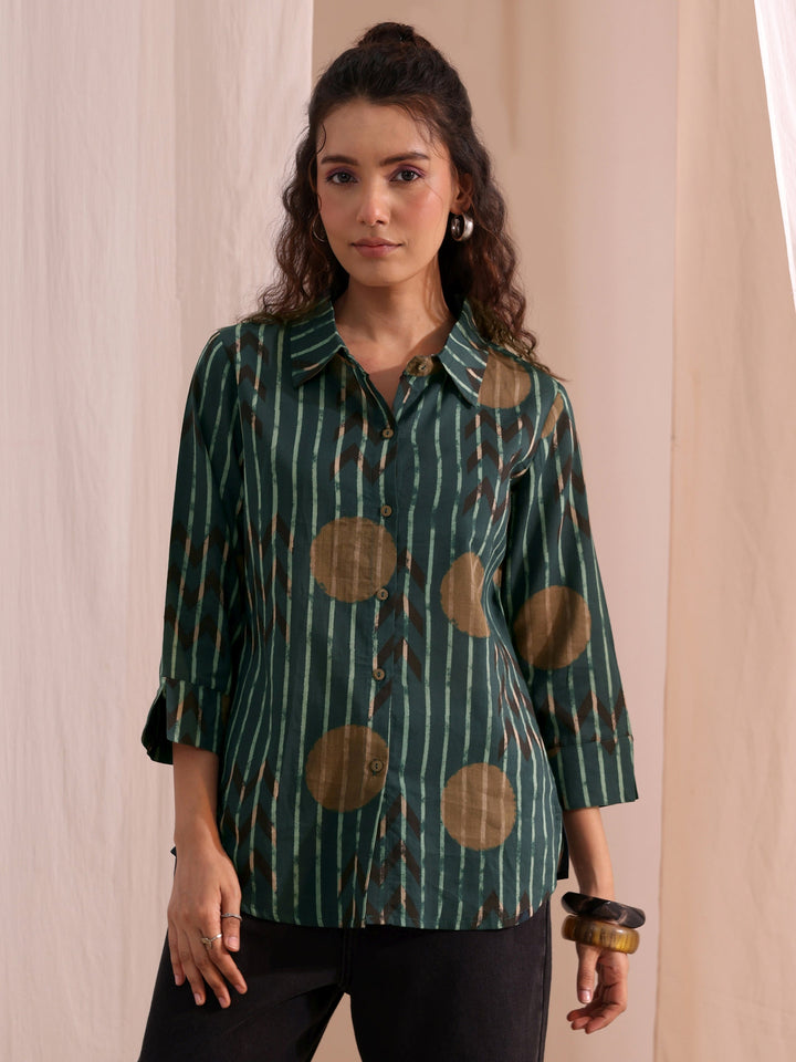 Libas Bottle Green Striped Printed Cotton Shirt