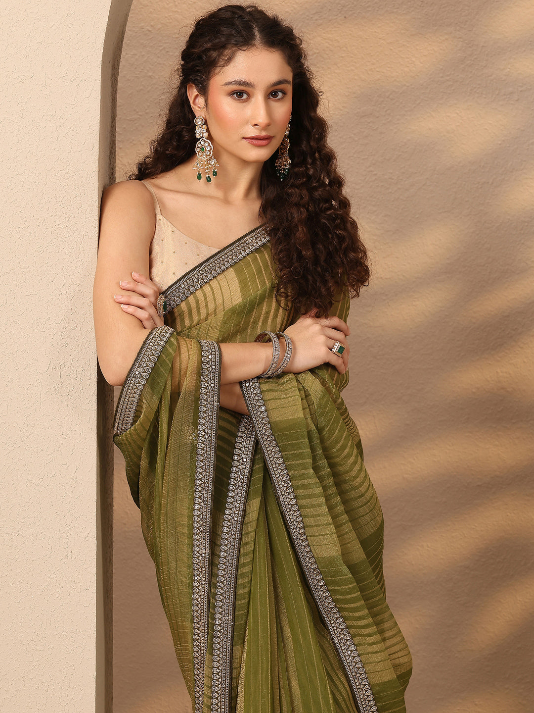 Green Striped Embellished Silk Blend Saree With Unstitched Blouse Piece