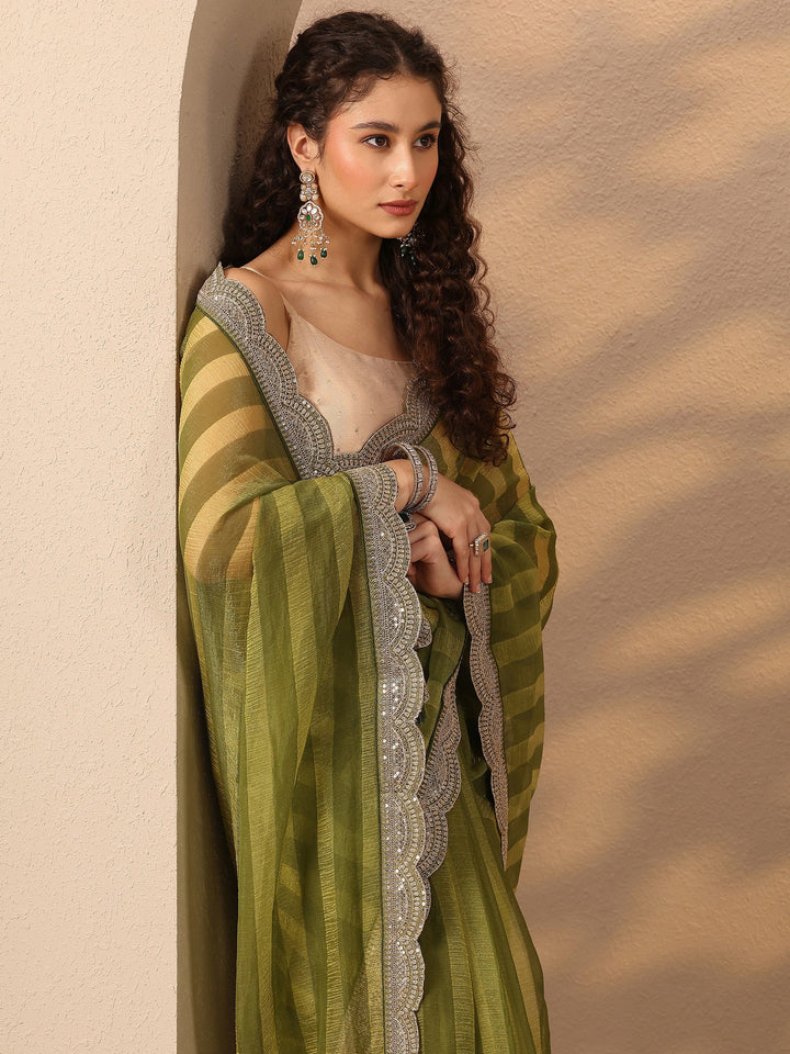 Green Striped Embellished Silk Blend Saree With Unstitched Blouse Piece