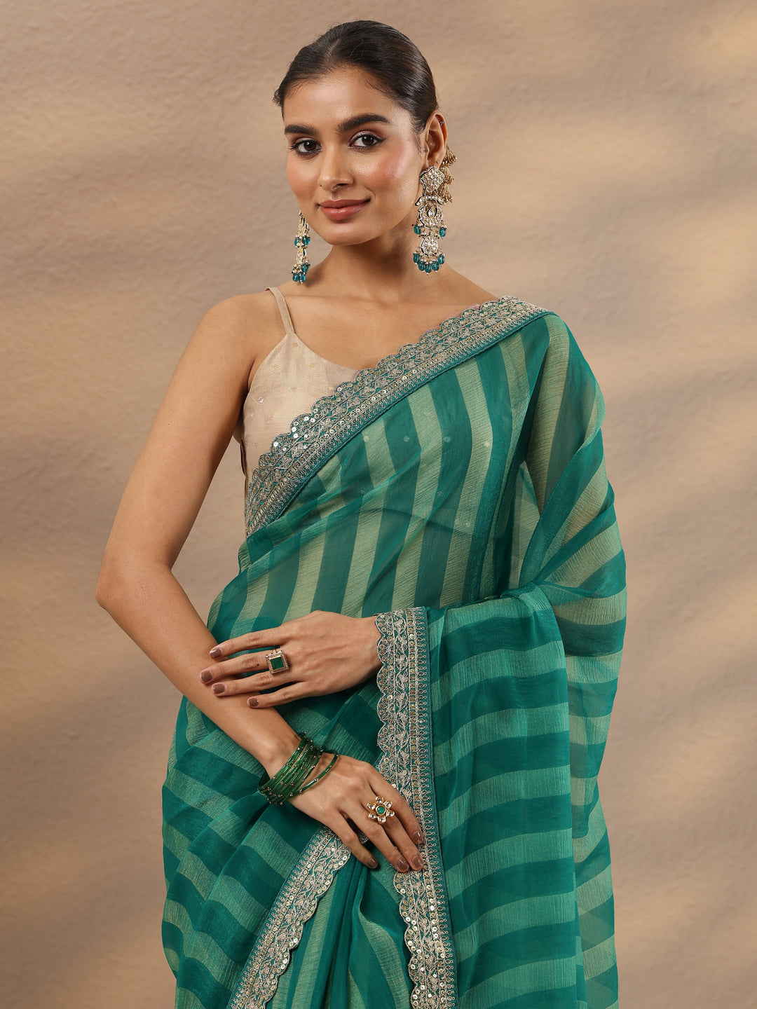 Green Striped Embellished Silk Blend Saree With Unstitched Blouse Piece
