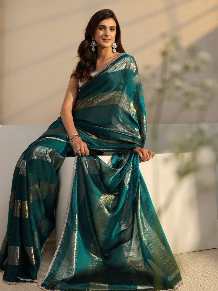 Green Striped Embellished Tissue Saree With Unstitched Blouse Piece
