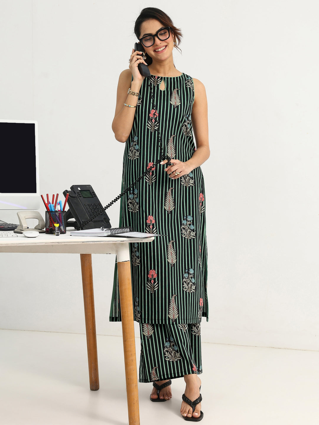 Green Striped Printed Cotton Blend Straight Kurta Set