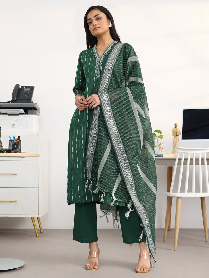 Green Striped Woven Design Cotton Blend Straight Suit Set With Dupatta