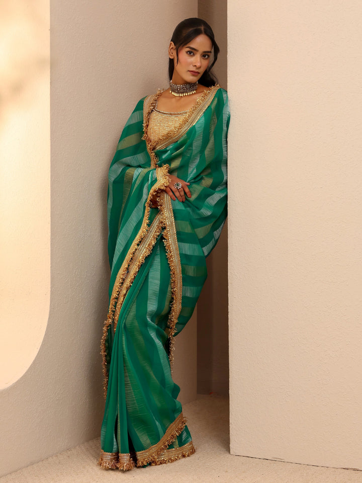 Libas Green Striped Woven Design Tissue Saree