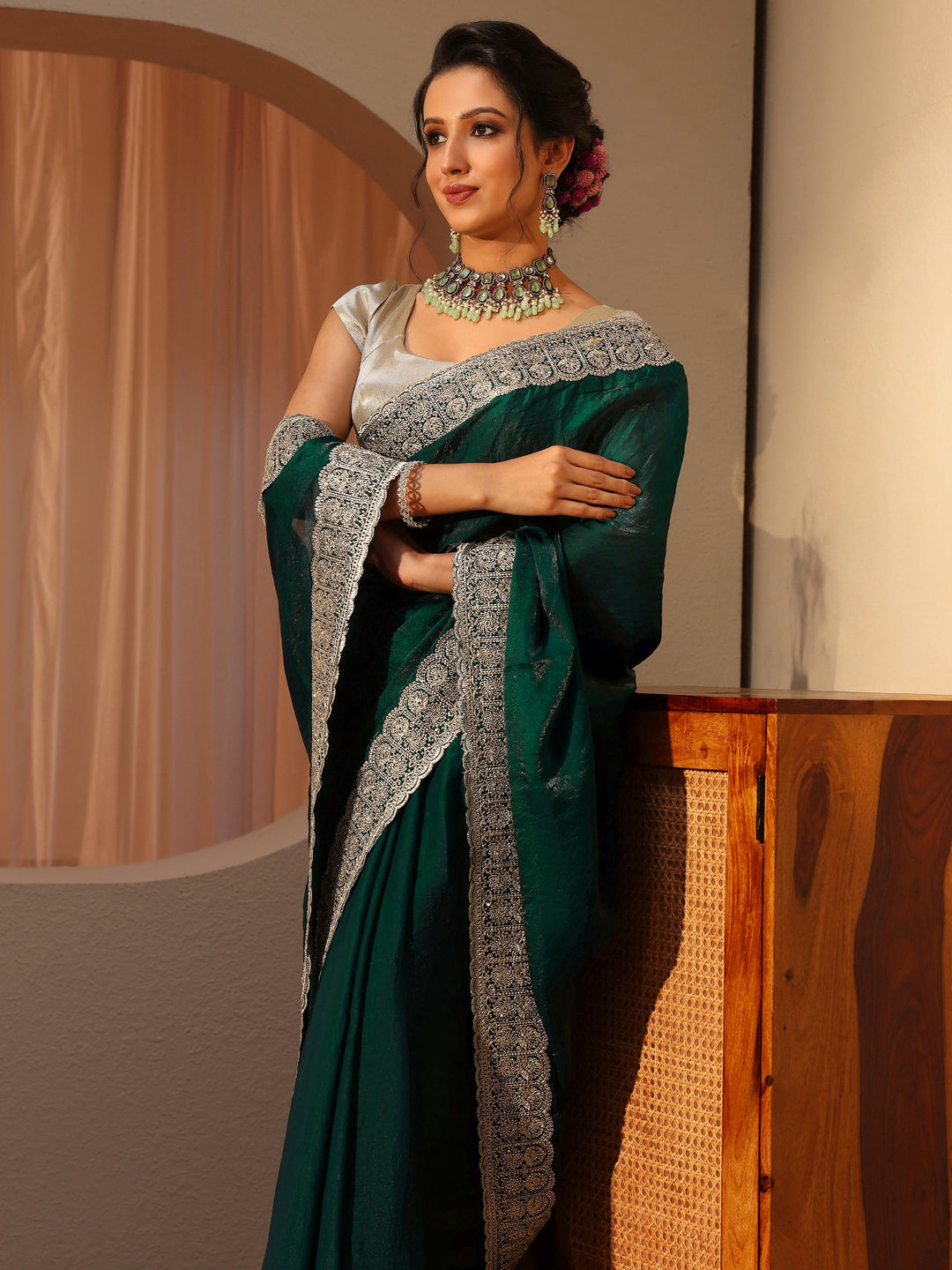 Green Tissue Saree With Embellished Border
