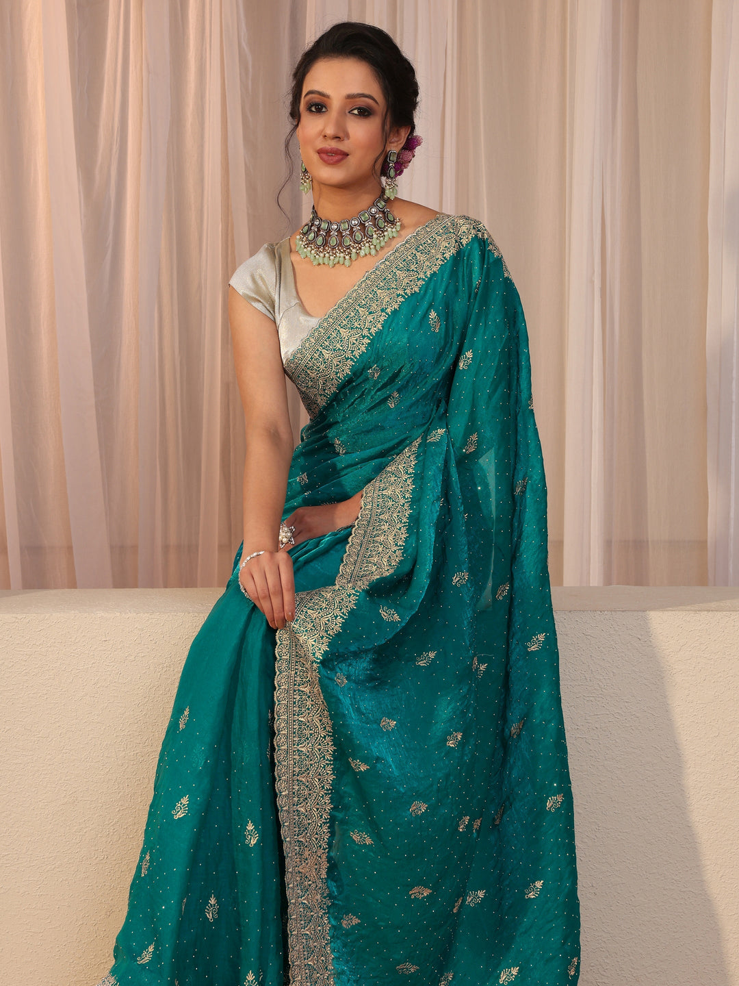 Green Tissue Saree With Embellished Border