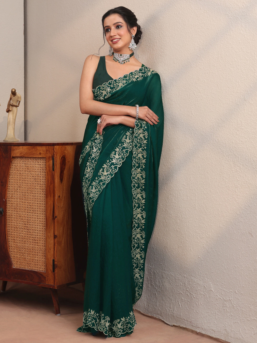 Green Tissue Saree With Embroidered Border