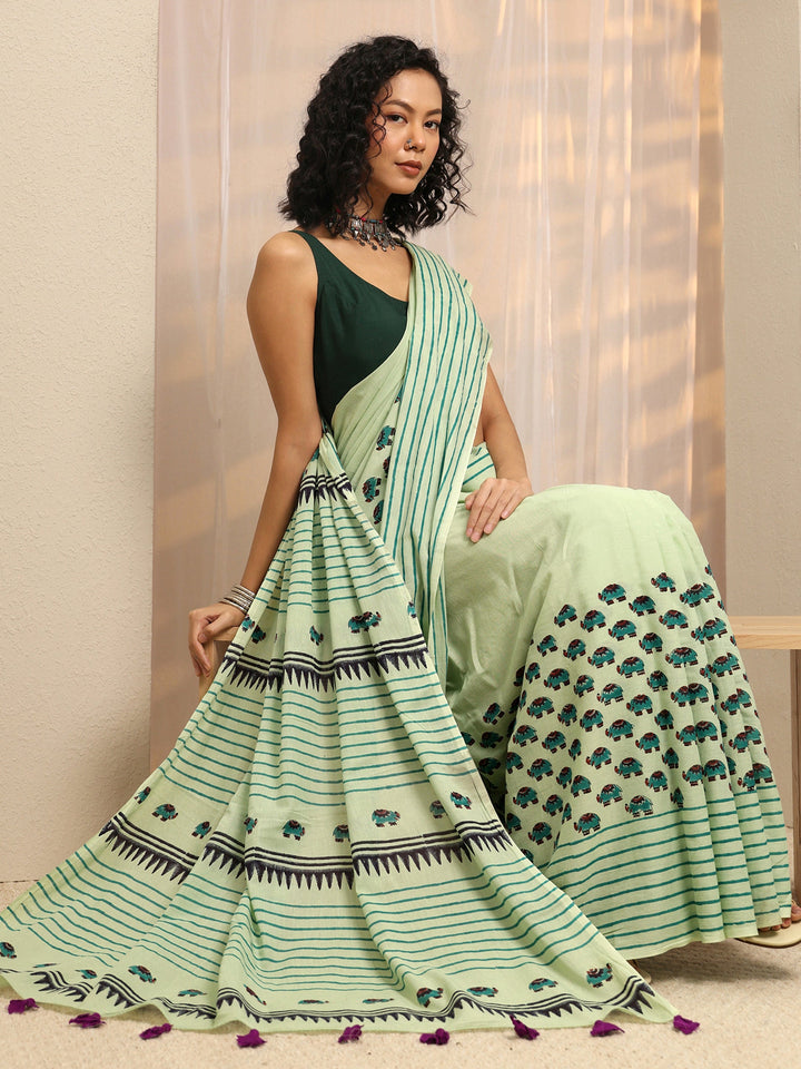 Green Tribal Printed Cotton Blend Saree With Unstitched Blouse Piece