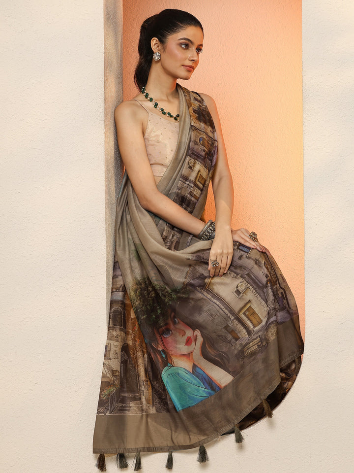 Green Tribal Printed Sarees With Unstitched Blouse Piece