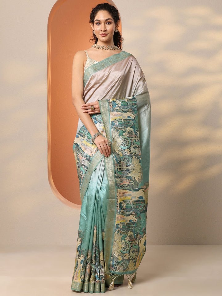 Green Tribal Printed Silk Blend Saree With Unstitched Blouse Piece
