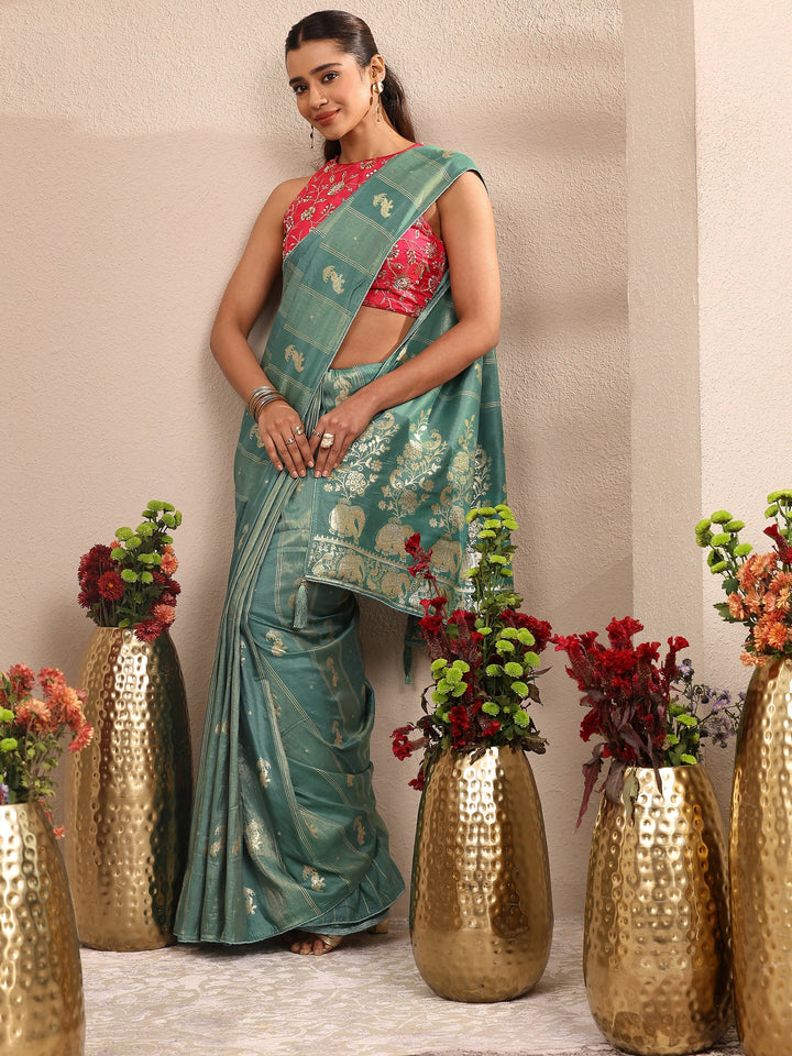 Green Tribal Woven Design Silk Blend Saree With Unstitched Blouse Piece