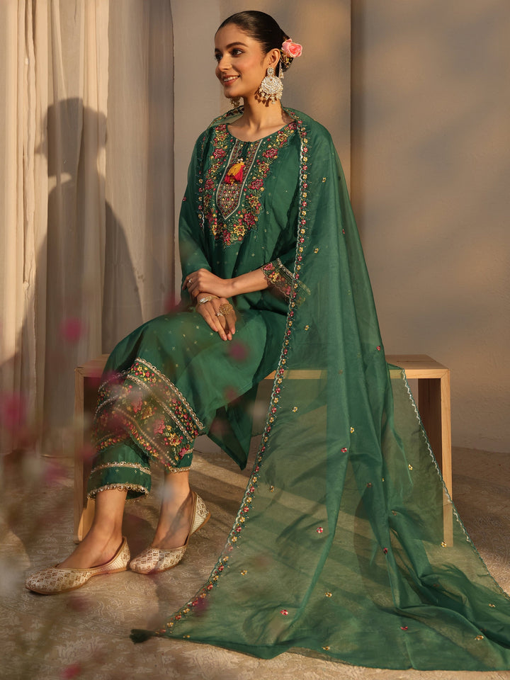 Green Woven Design Chanderi Cotton Straight Suits Set With Dupatta