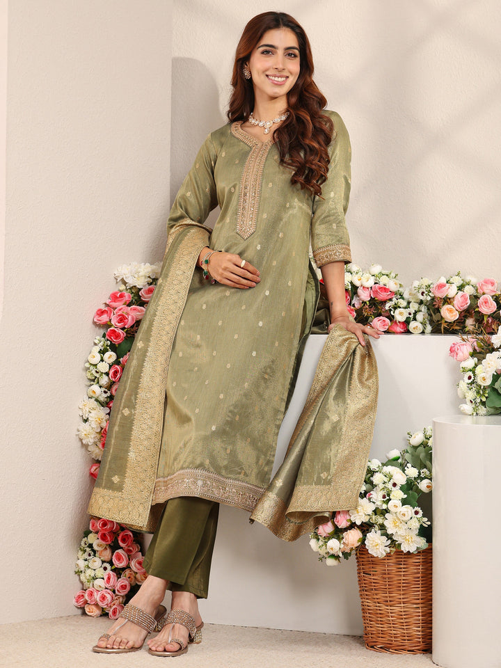 Green Woven Design Chanderi Silk Straight Suit Set With Dupatta