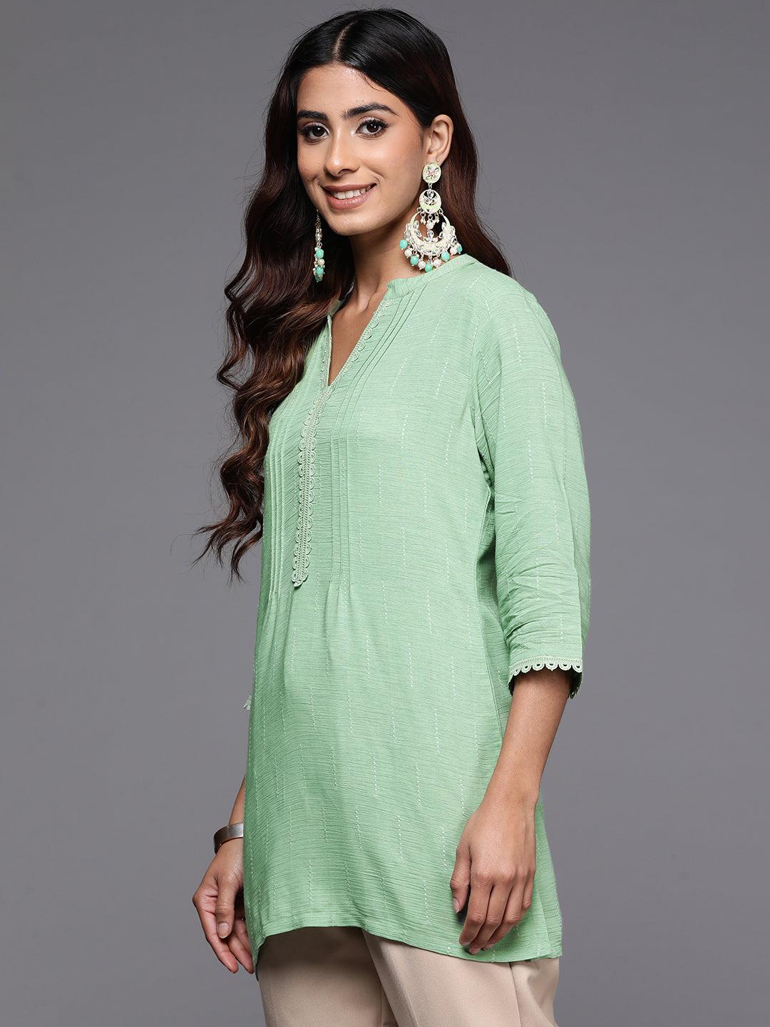 Green Woven Design Cotton Blend Straight Kurti - ShopLibas 