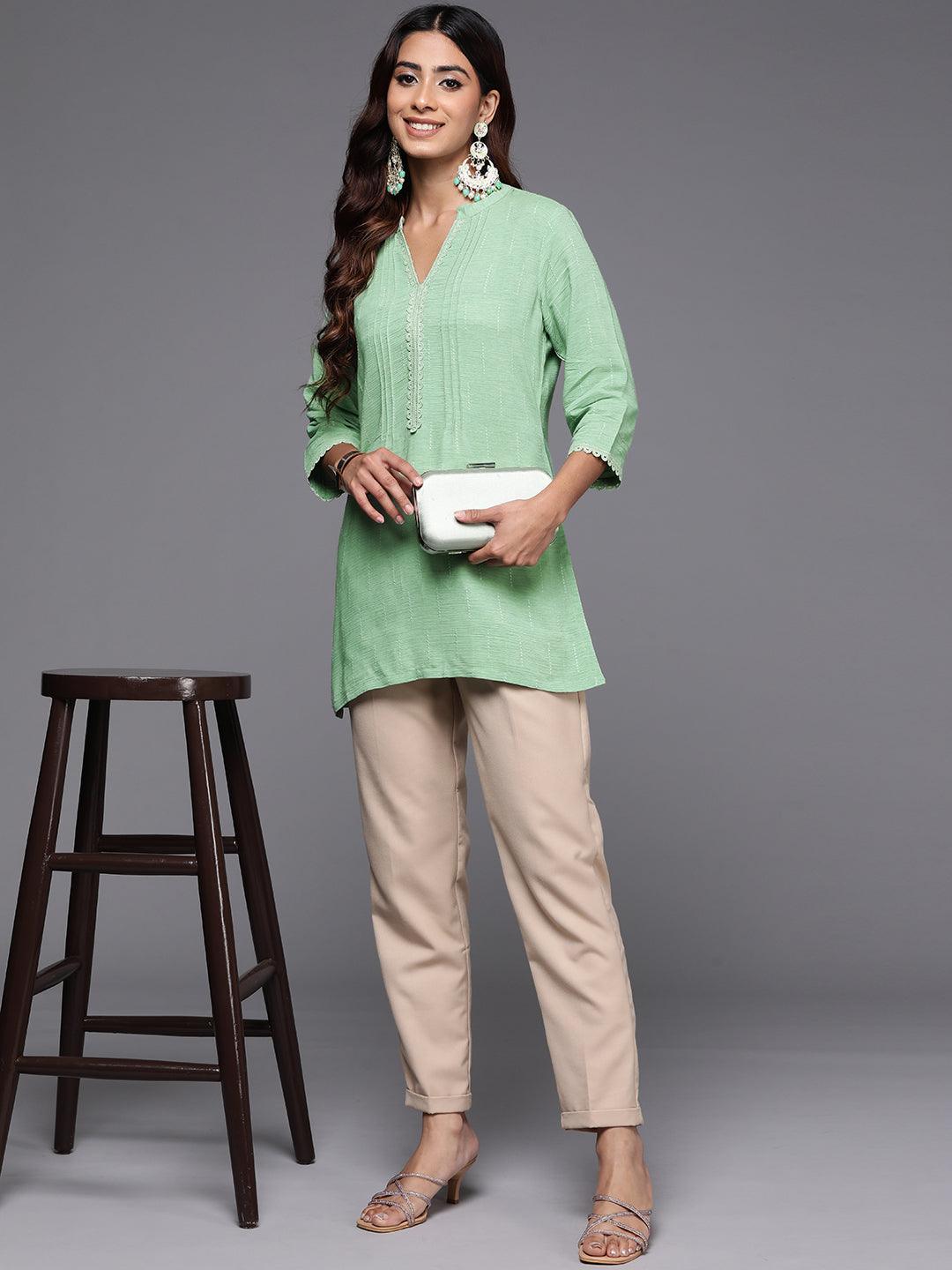 Green Woven Design Cotton Blend Straight Kurti - ShopLibas 