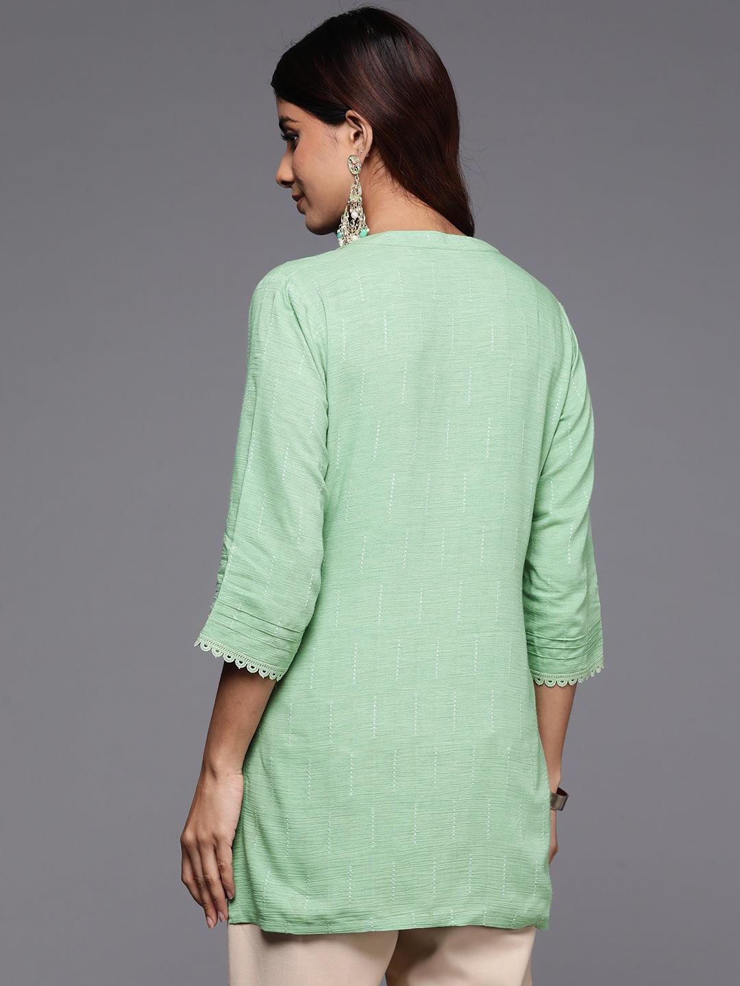 Green Woven Design Cotton Blend Straight Kurti - ShopLibas 
