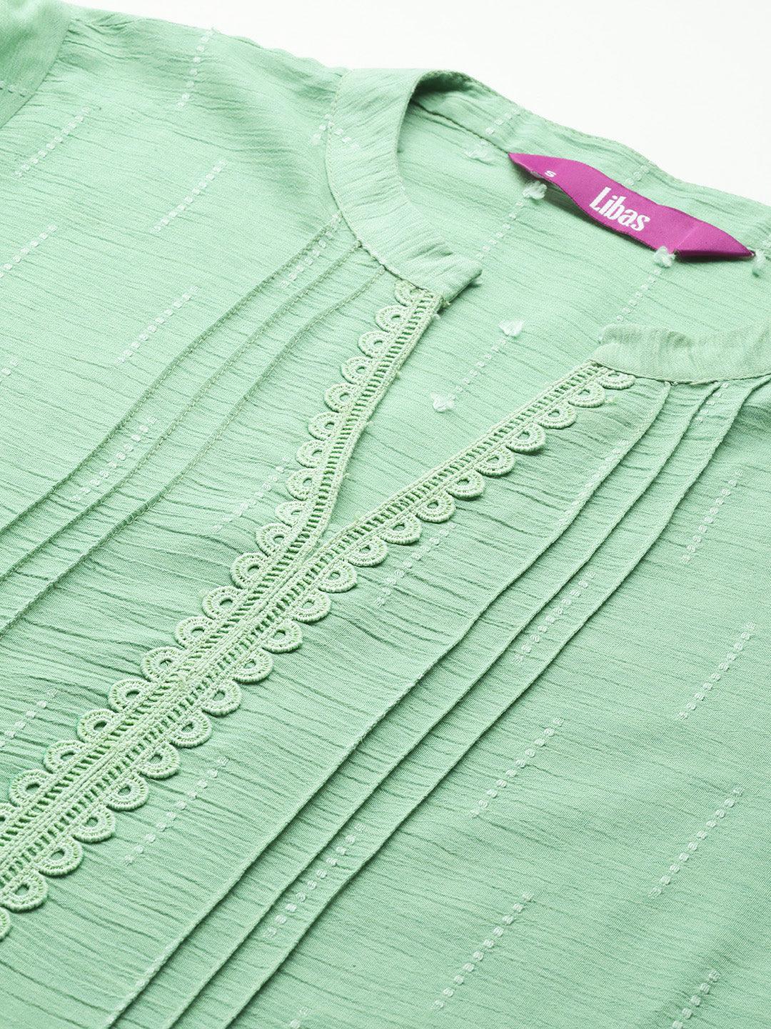 Green Woven Design Cotton Blend Straight Kurti - ShopLibas 