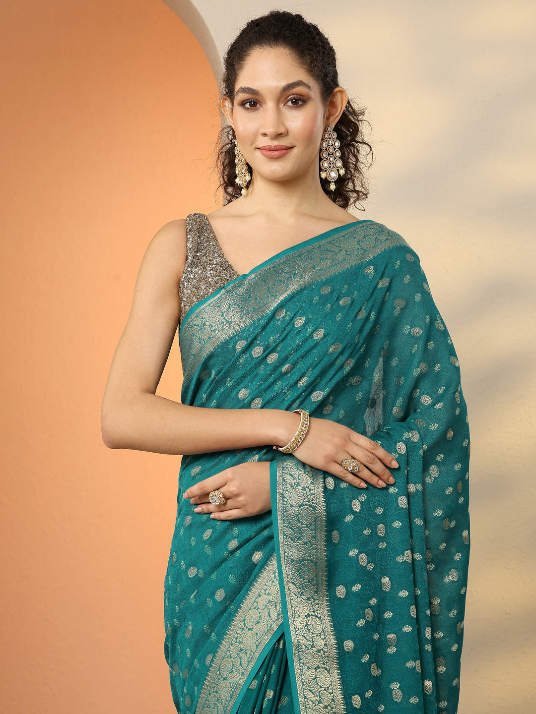 Green Woven Design Georgette Saree With Unstitched Blouse Piece