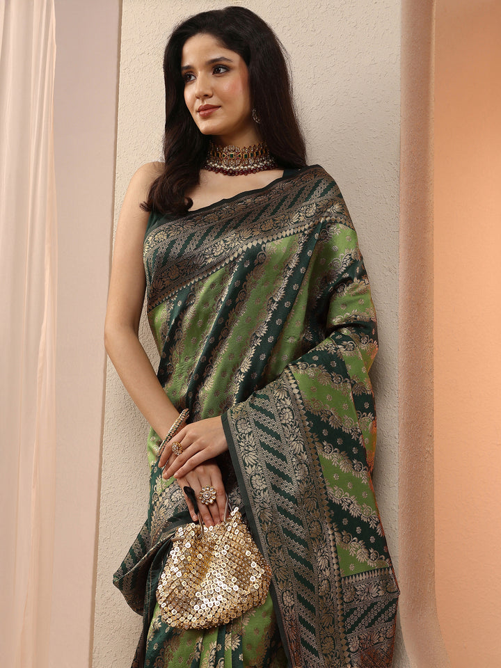 Green Woven Design Silk Blend Saree With Unstitched Blouse Piece