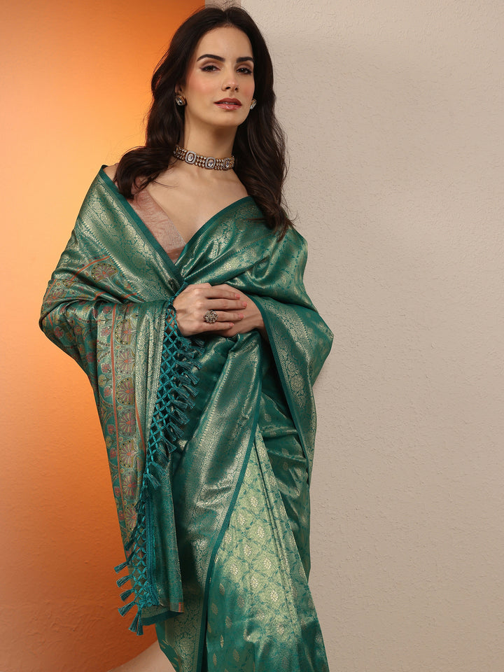 Green Woven Design Silk Blend Saree With Unstitched Blouse Piece