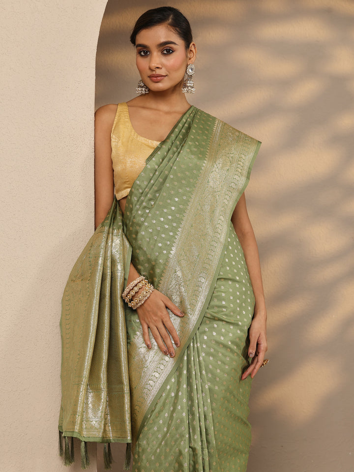 Green Woven Design Silk Blend Saree With Unstitched Blouse Piece