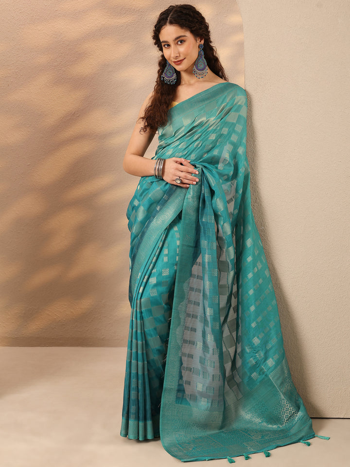 Green Woven Design Silk Blend Saree With Unstitched Blouse Piece