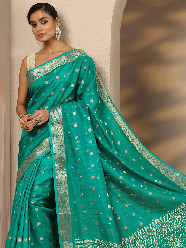 Green Woven Design Silk Blend Saree With Unstitched Blouse Piece