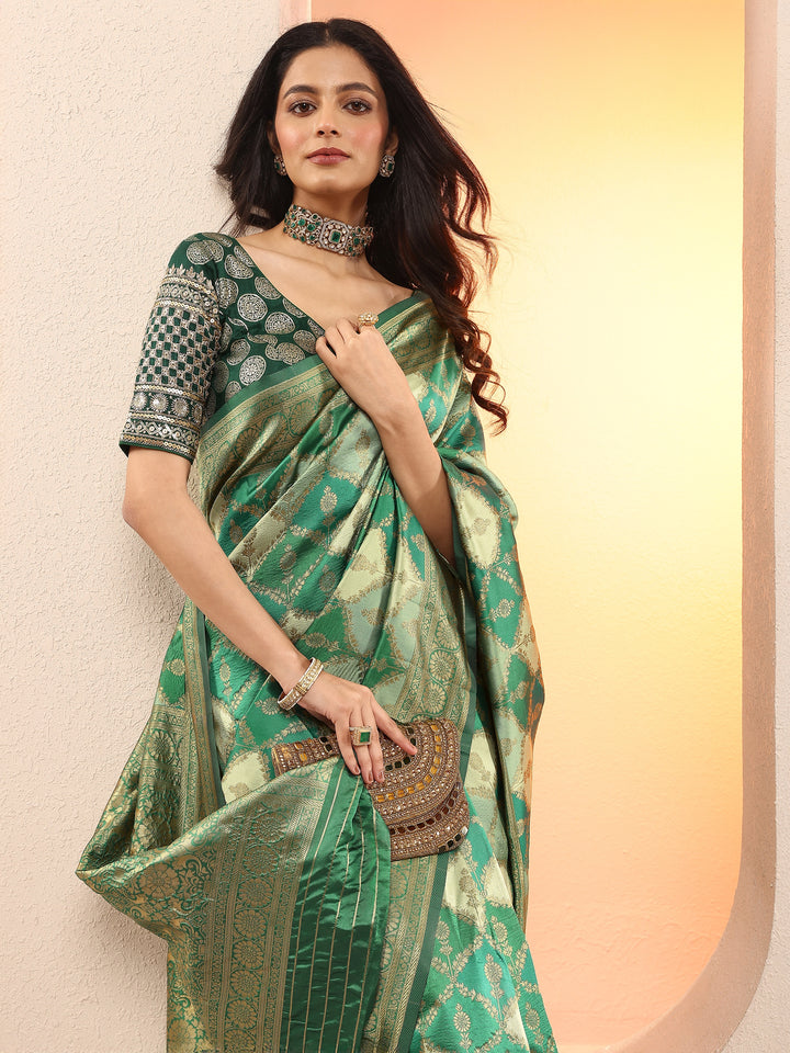 Green Woven Design Silk Blend Sarees With Unstitched Blouse Piece