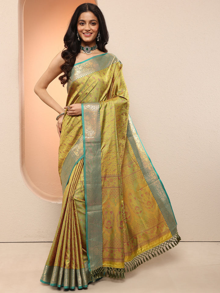 Green Woven Design Silk Blend Sarees With Unstitched Blouse Piece