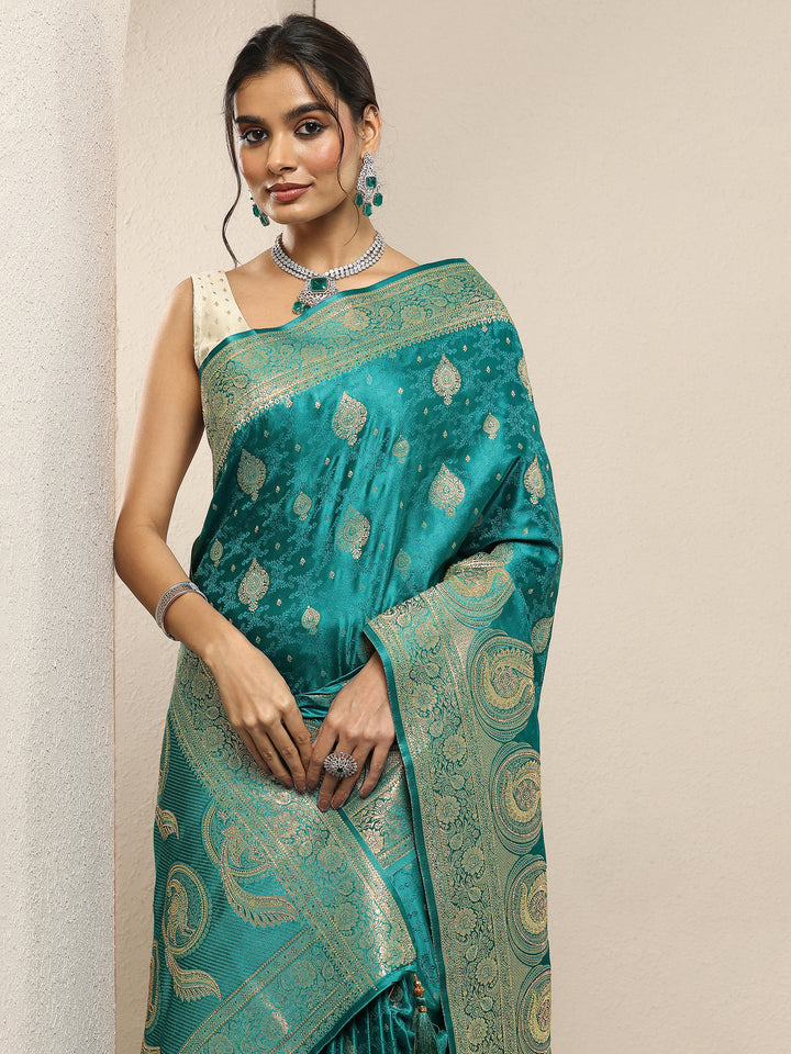 Green Woven Design Silk Blend Sarees With Unstitched Blouse Piece
