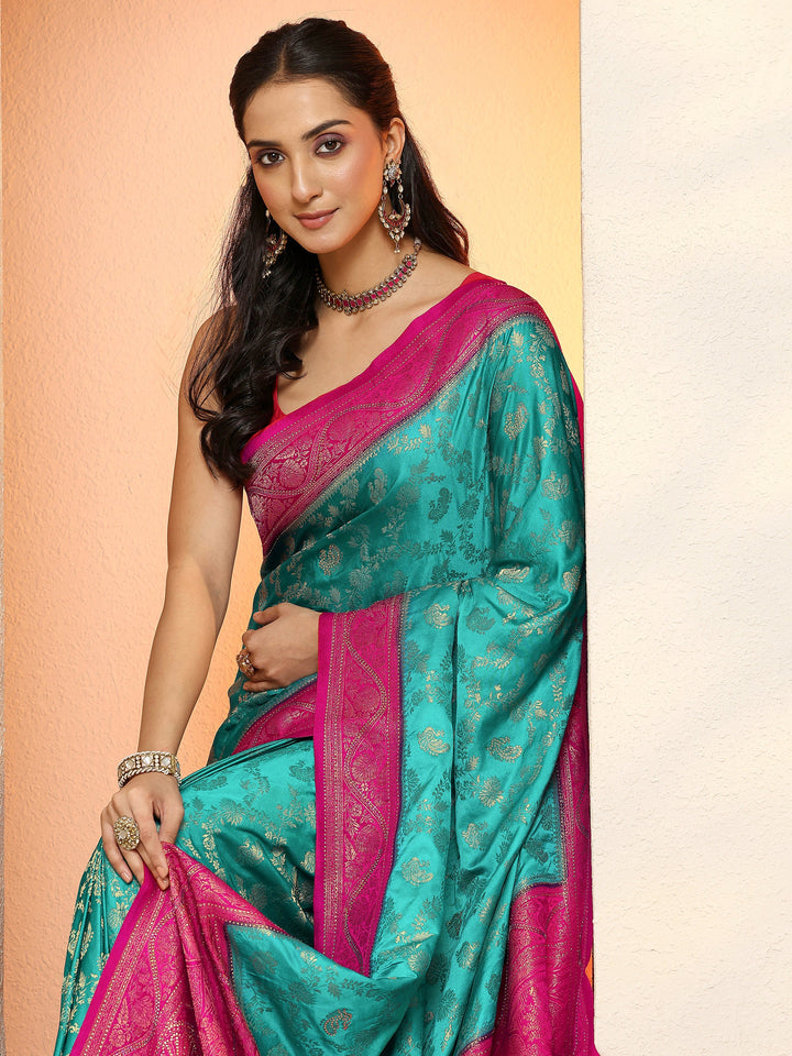 Green Woven Design Silk Blend Sarees With Unstitched Blouse Piece