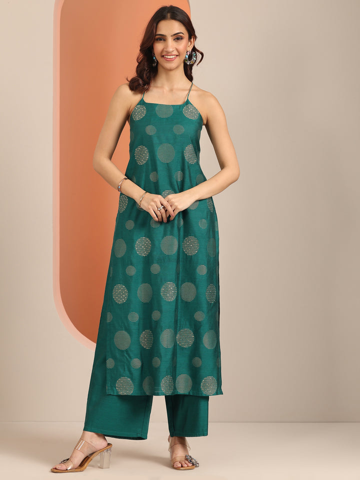 Green Woven Design Silk Blend Straight Kurta Set