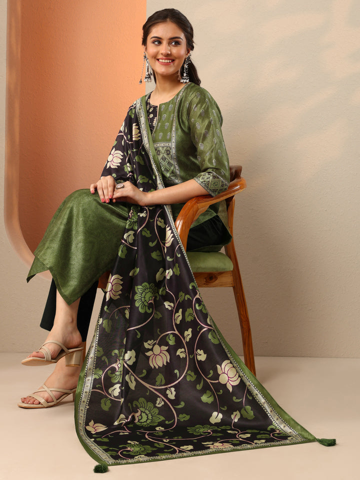 Green Woven Design Silk Blend Straight Suit Set With Dupatta