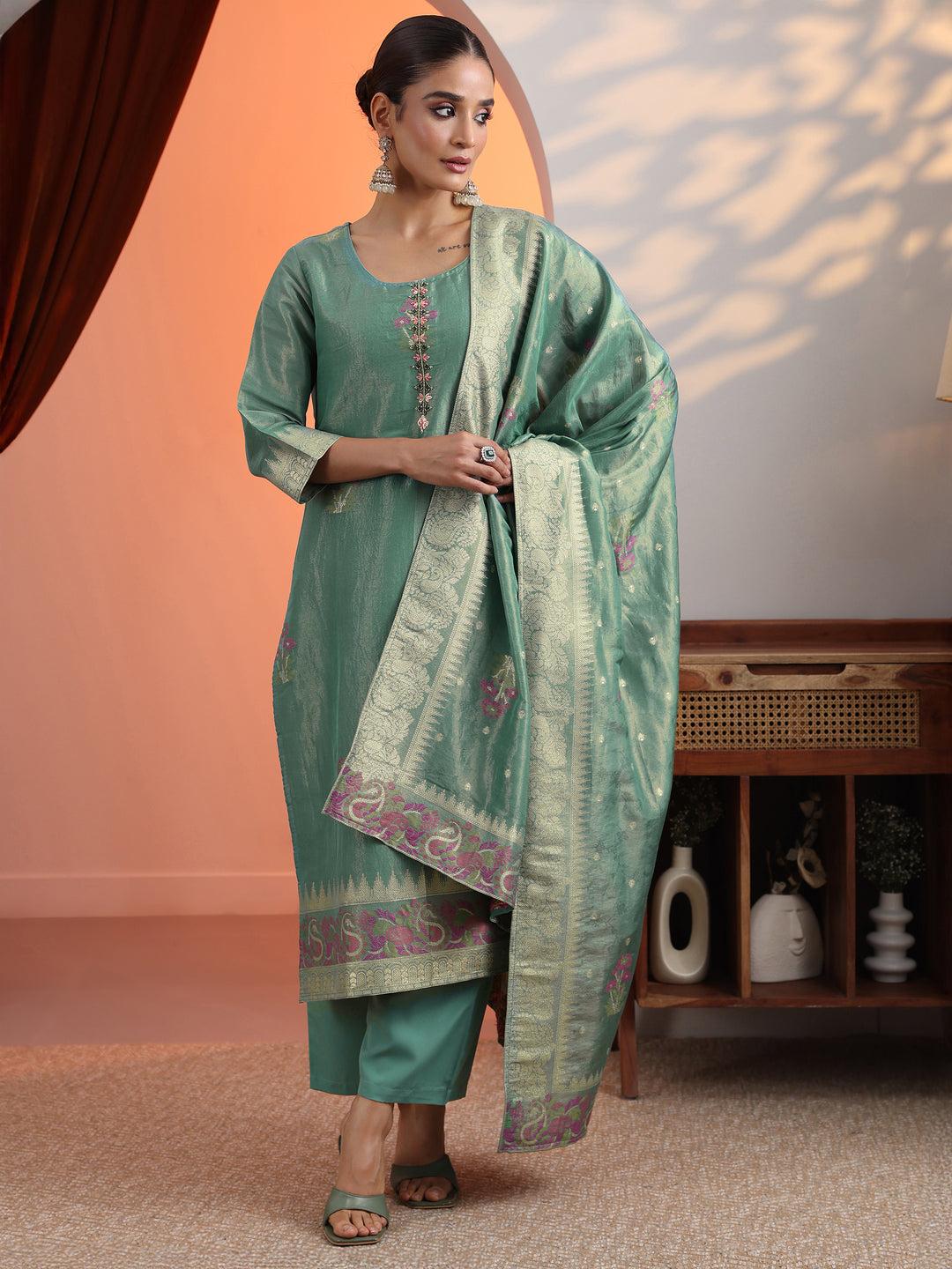 Green Woven Design Silk Blend Straight Suit Set With Dupatta