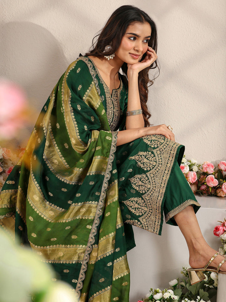 Green Woven Design Silk Blend Straight Suit Set With Dupatta