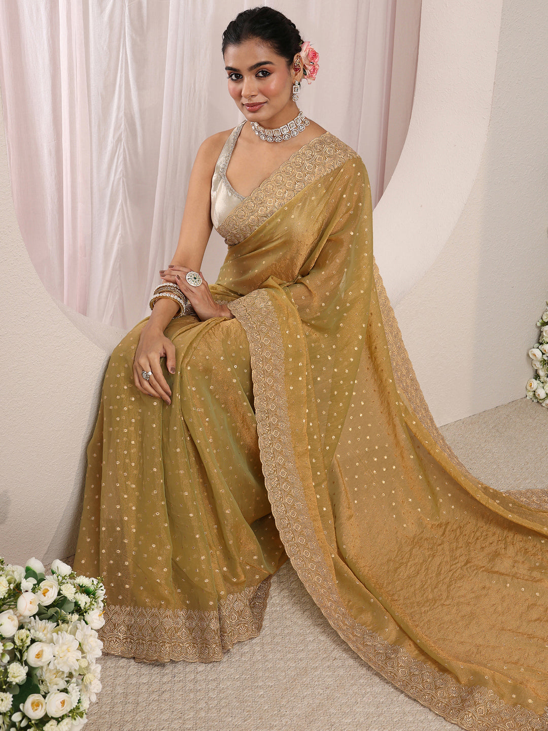 Green Woven Design Tissue Saree With Unstitched Blouse Piece