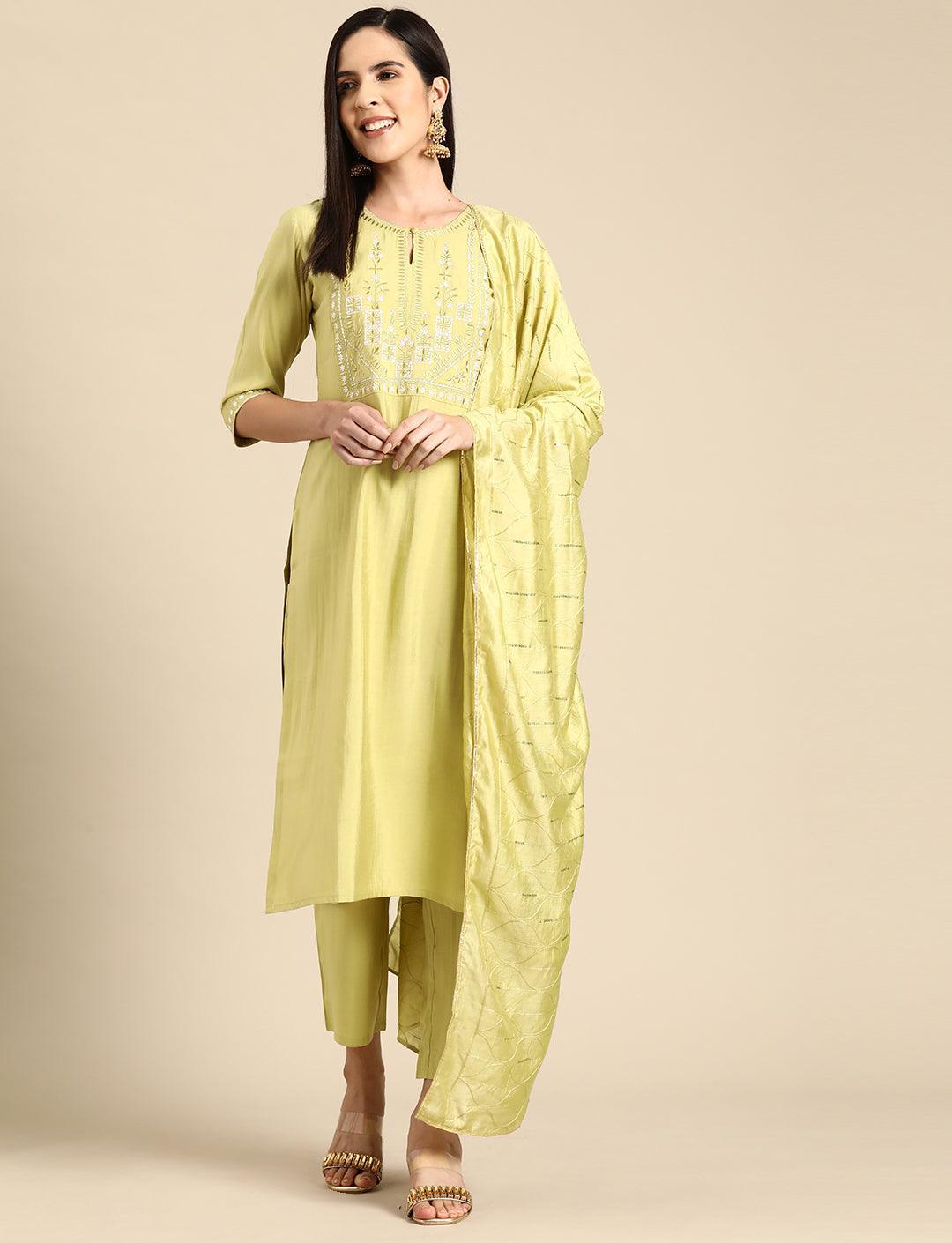 Green Yoke Design Silk Blend Straight Kurta With Trousers & Dupatta - Libas 