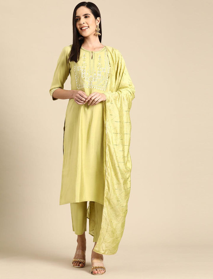 Green Yoke Design Silk Blend Straight Suit With Dupatta