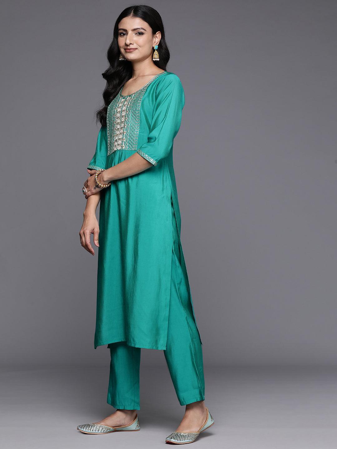 Green Yoke Design Silk Blend Straight Kurta With Trousers & Dupatta - Libas 
