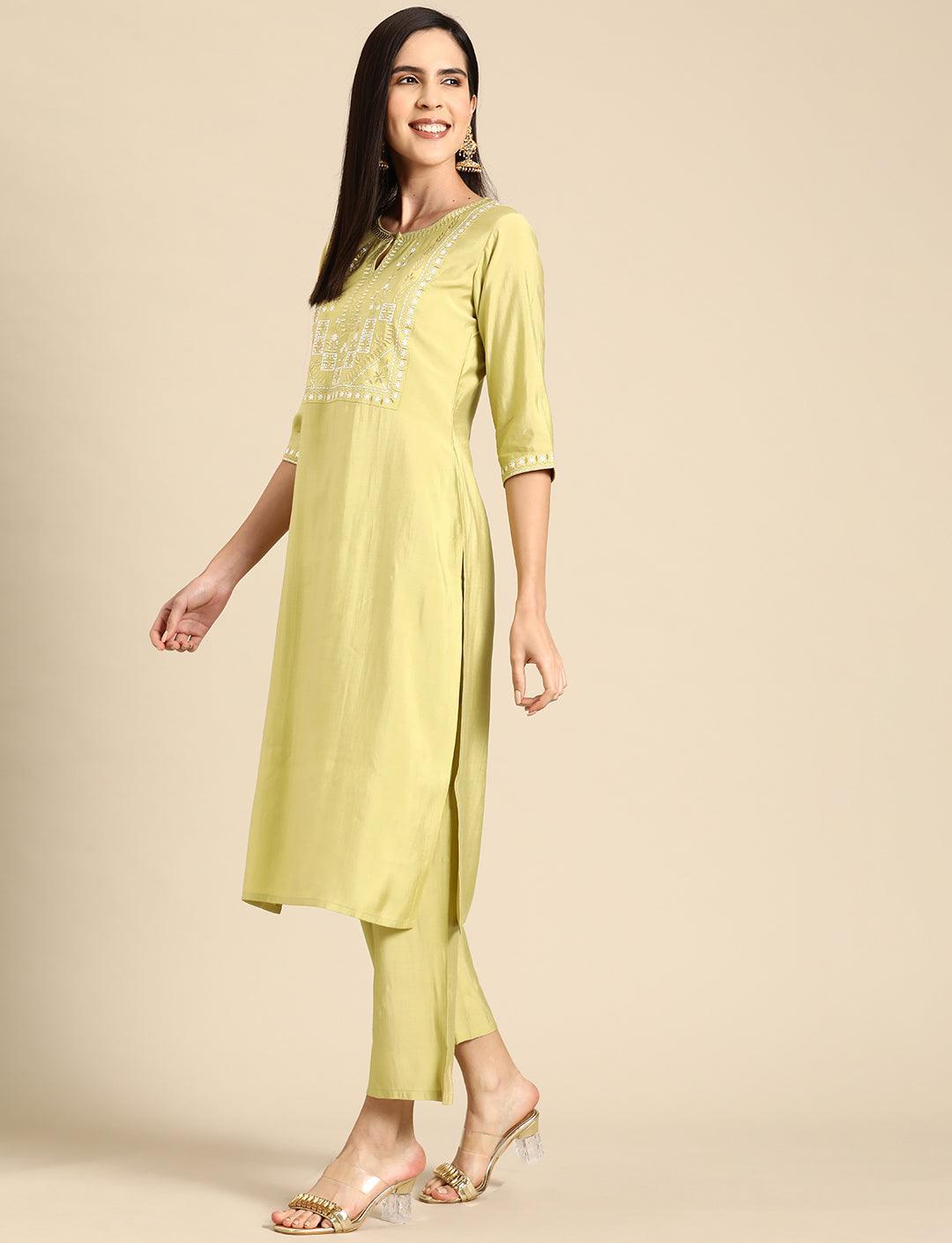 Green Yoke Design Silk Blend Straight Kurta With Trousers & Dupatta - Libas 