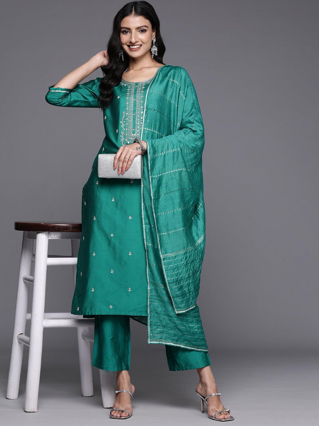 Green Self Design Silk Suit Set With Trousers