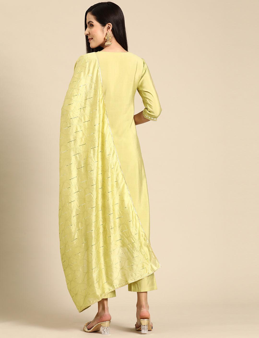 Green Yoke Design Silk Blend Straight Kurta With Trousers & Dupatta - Libas 