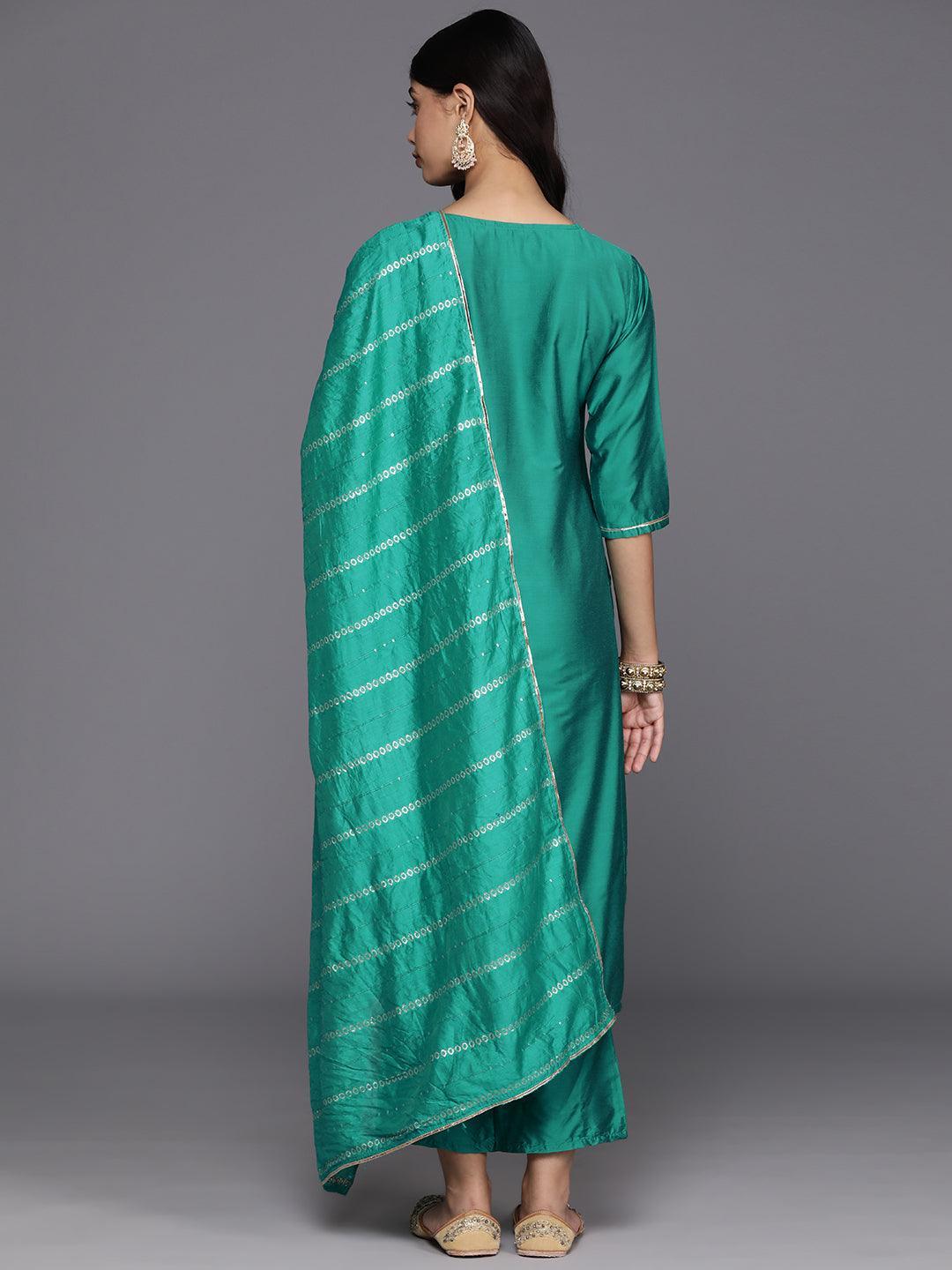 Green Yoke Design Silk Blend Straight Kurta With Trousers & Dupatta - Libas 