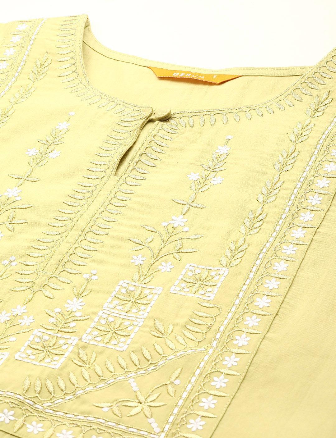 Green Yoke Design Silk Blend Straight Kurta With Trousers & Dupatta - Libas 