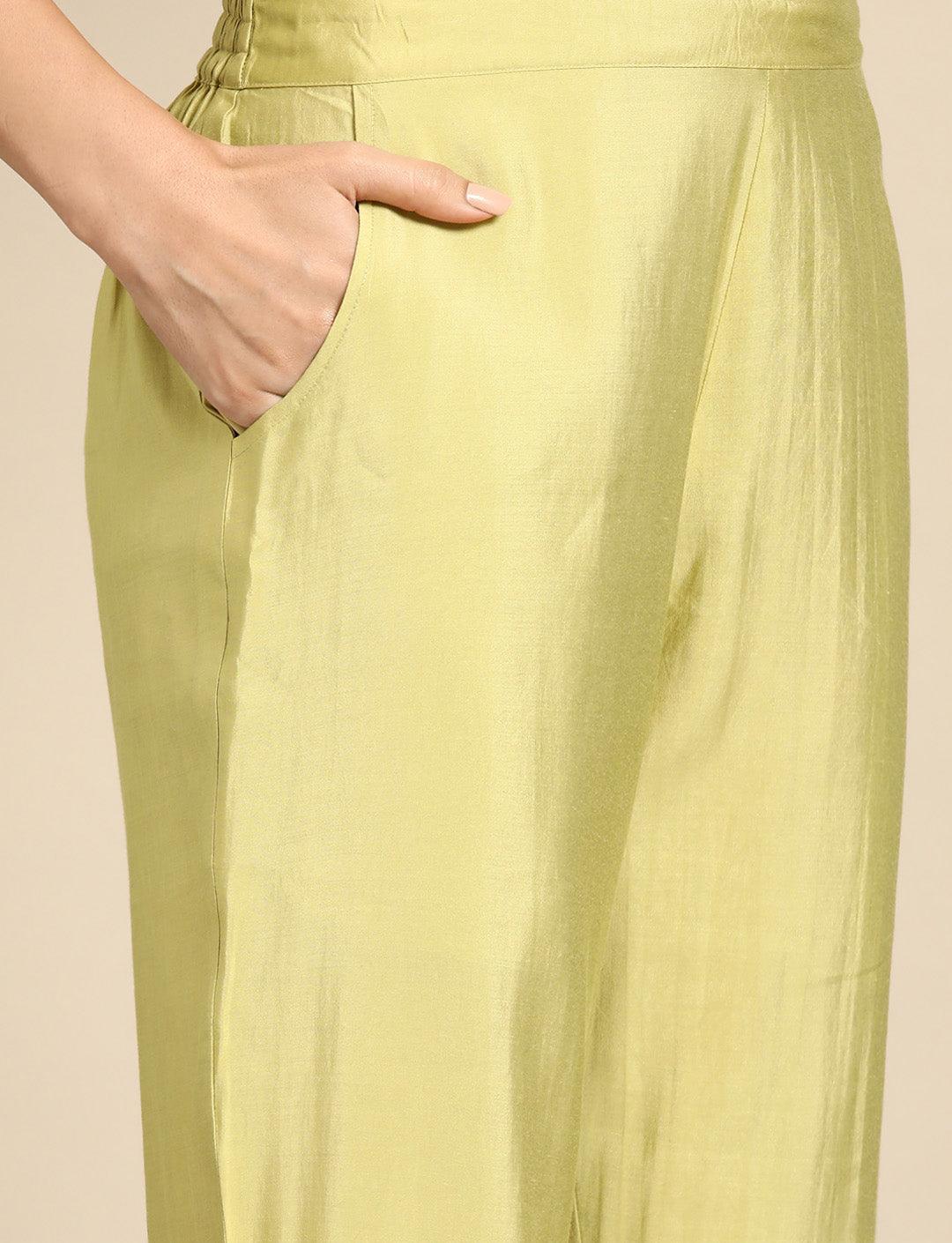 Green Yoke Design Silk Blend Straight Kurta With Trousers & Dupatta - Libas 